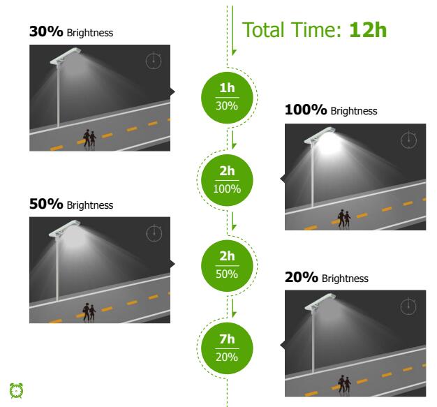 Time Control Total Time 12h The lamp will stay on according to above metioned hours and lighting percentage (12H). It will shift and turn onoff automactically.