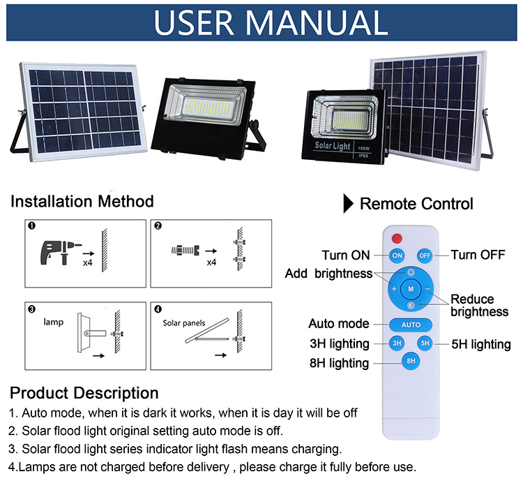 25w 40w 60w 100w 200w 300w ABS Glass Led Solar Flood Light