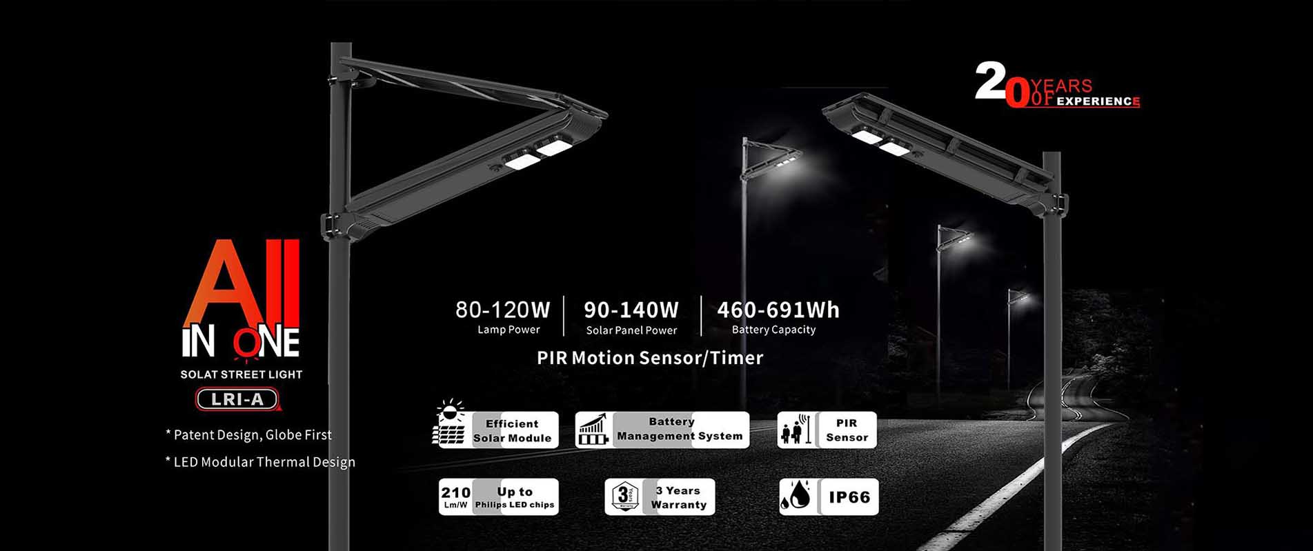 60w Durable High Efficient Pole Led Solar Street Light IP66 6500K Rader Sensor Solar Street Light