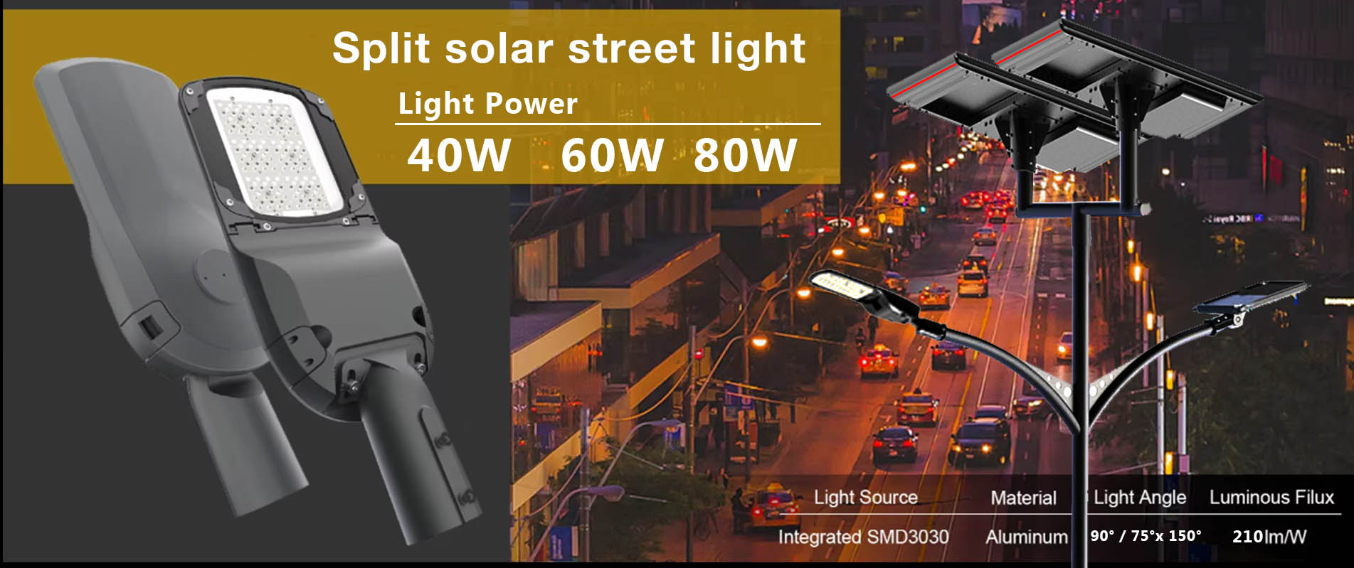 Intelligent Outdoor Aluminium Charge Controller Split 80w Solar Street Light