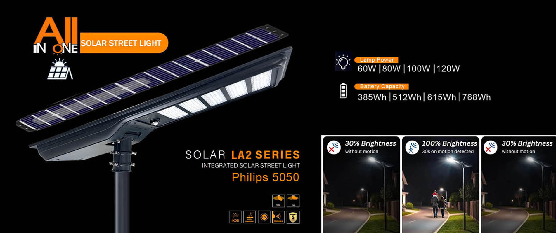 60w Durable High Efficient Pole Led Solar Street Light IP66 6500K Rader Sensor Solar Street Light