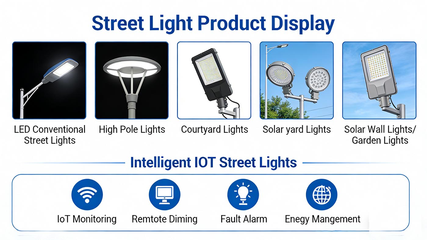 LED conventional street lights, high pole lights, courtyard lights, solar wall lights/garden lights.