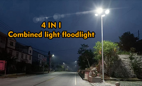 Solar combined light floodlights illuminate the road at night